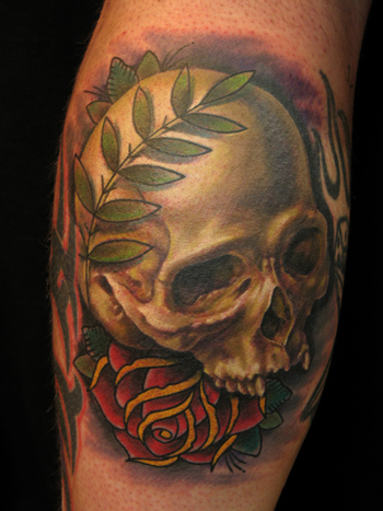 Tattoos - realistic skull with traditional rose - 22243